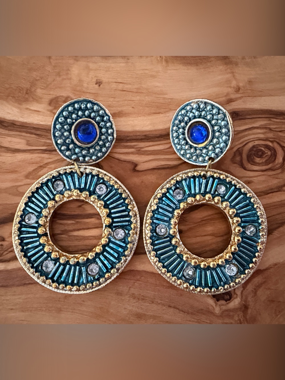 Vintage 1970’s Boho Teal and Gold Circular Clip On Statement Earrings